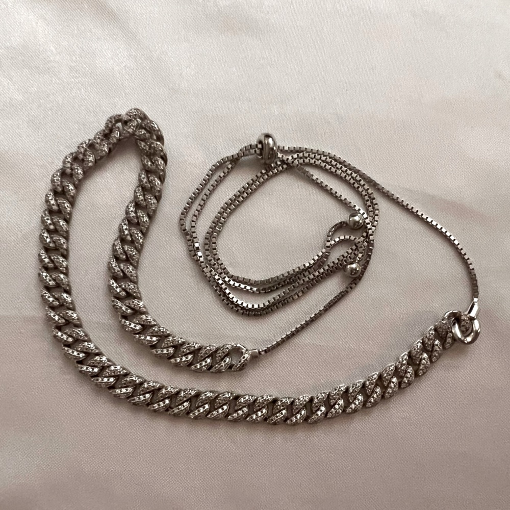 Rhodium plated 925 Sterling silver CZ encrusted Cuban link adjustable necklace